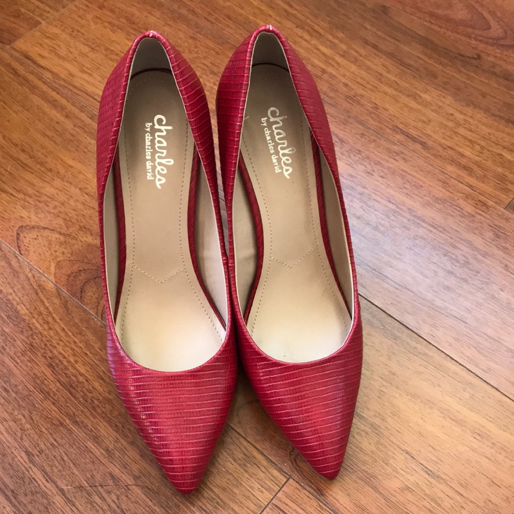 CHARLES DAVID RED REPTILE HEELS